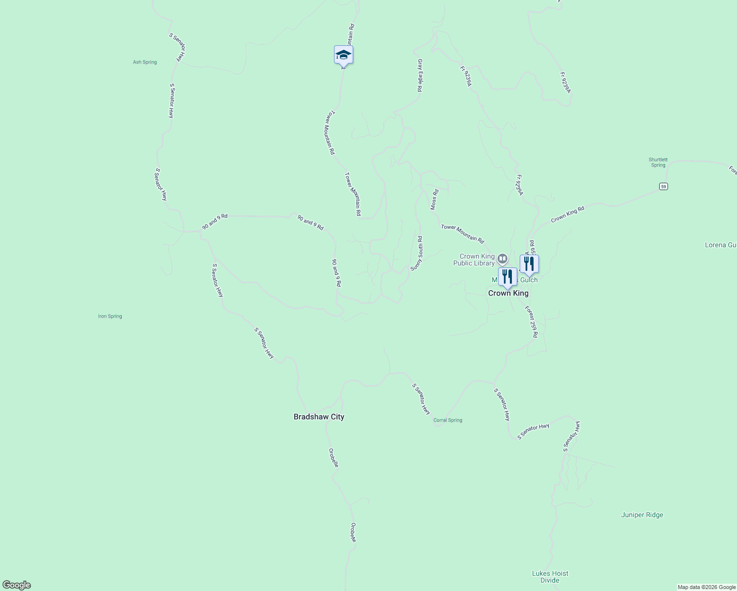 map of restaurants, bars, coffee shops, grocery stores, and more near 23637 Malnetta Road in Crown King