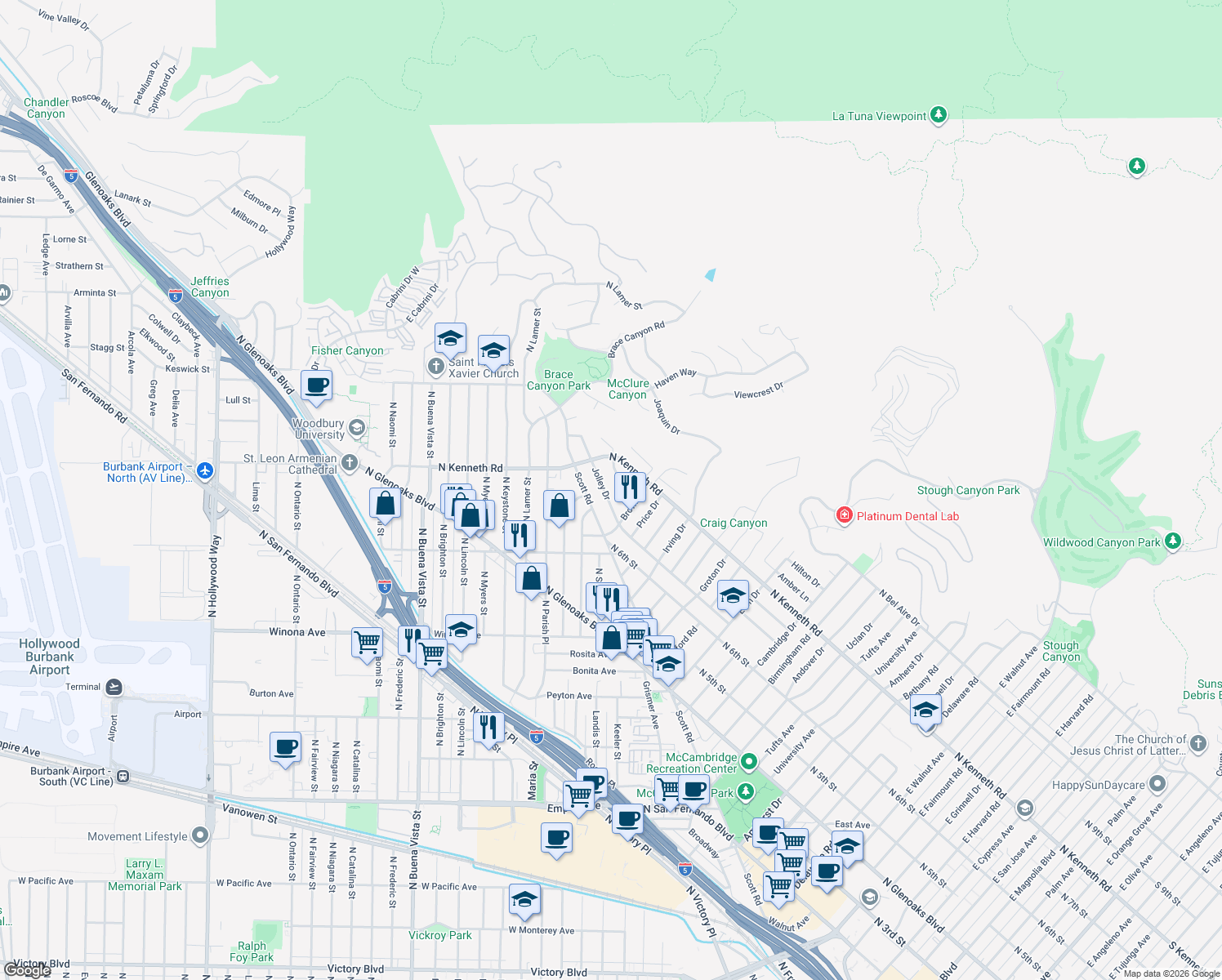map of restaurants, bars, coffee shops, grocery stores, and more near 2918 Jolley Drive in Burbank
