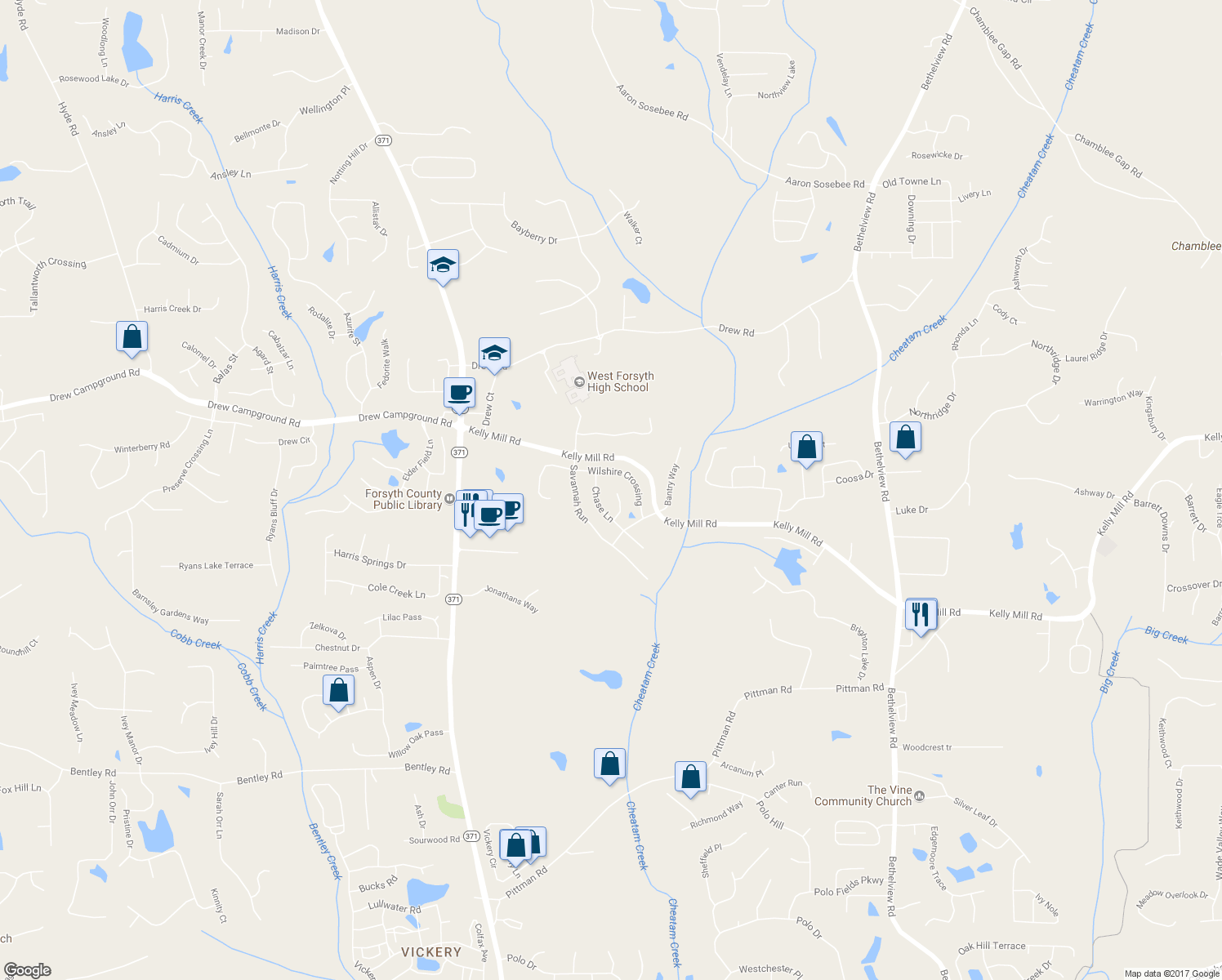 map of restaurants, bars, coffee shops, grocery stores, and more near 5075 Lloyd Lane in Cumming