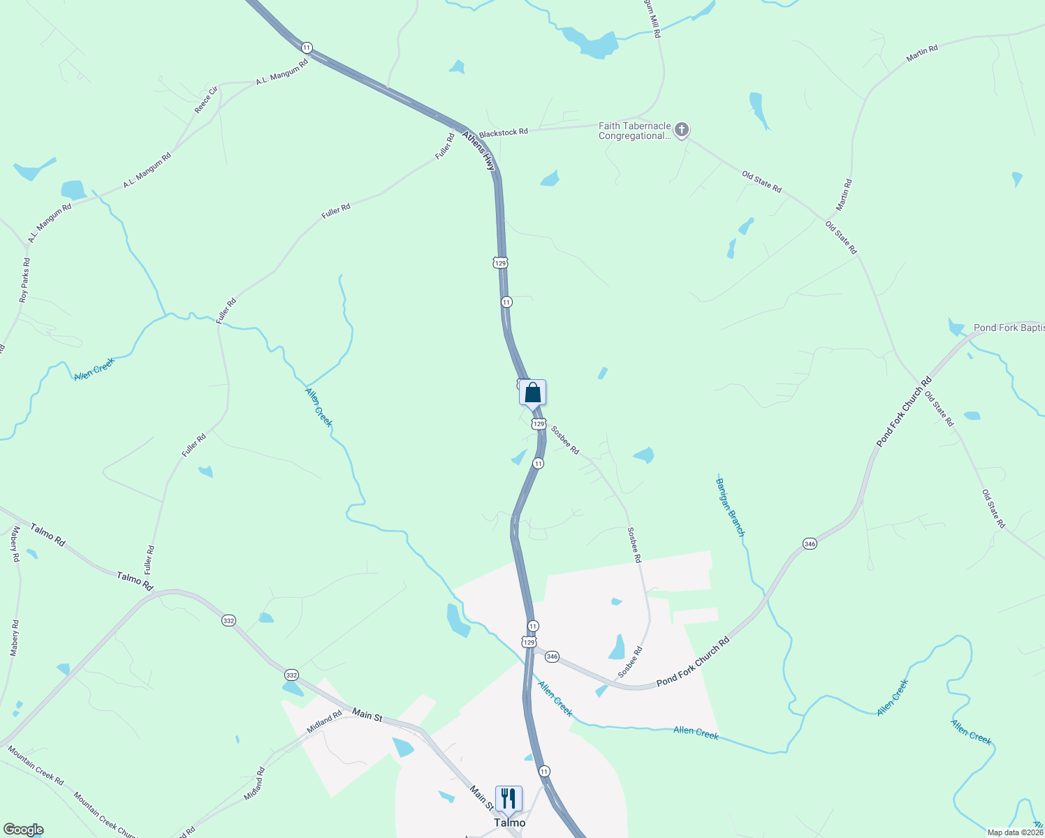 map of restaurants, bars, coffee shops, grocery stores, and more near 11489 U.S. 129 in Talmo