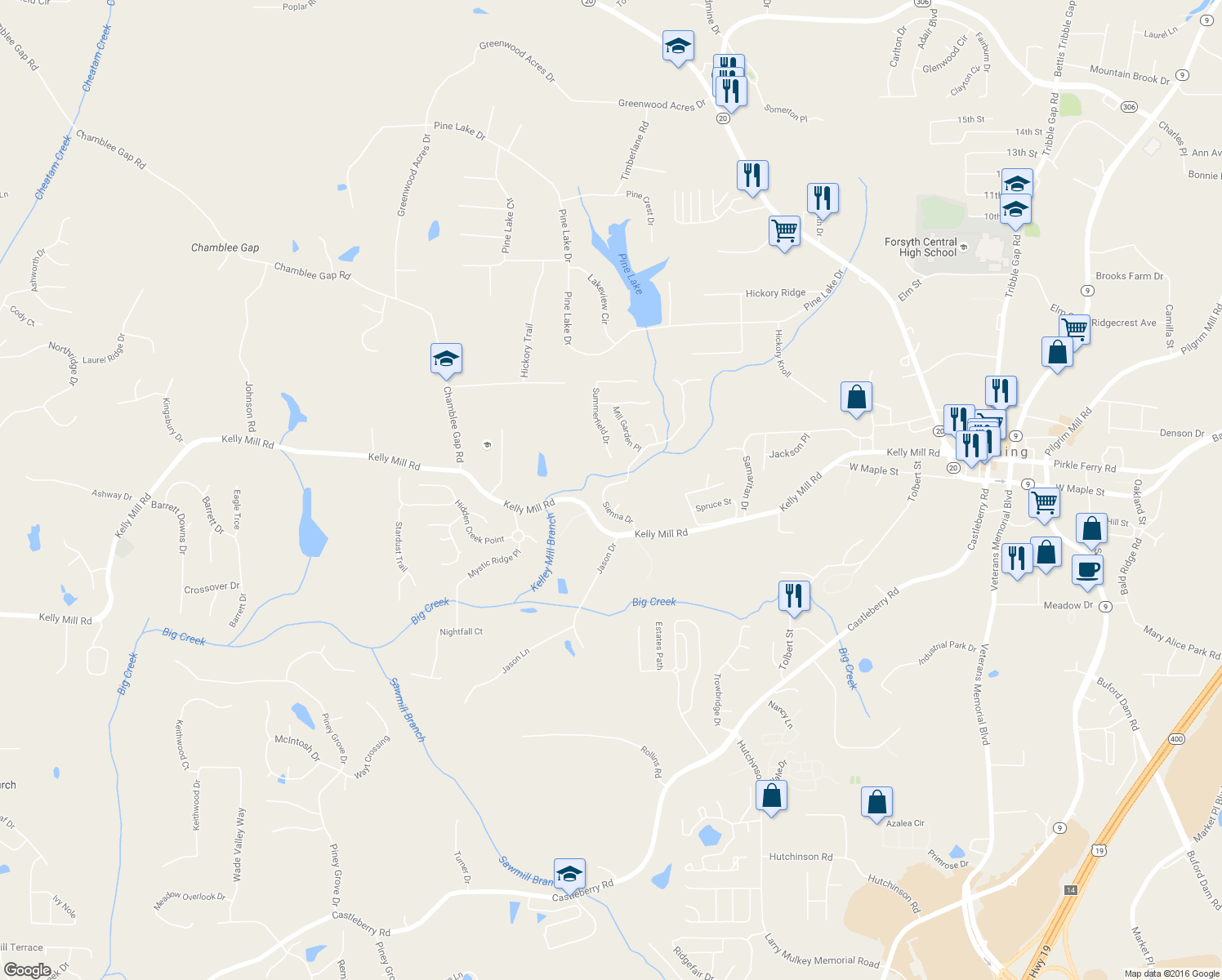 map of restaurants, bars, coffee shops, grocery stores, and more near 690 Sienna Drive in Cumming