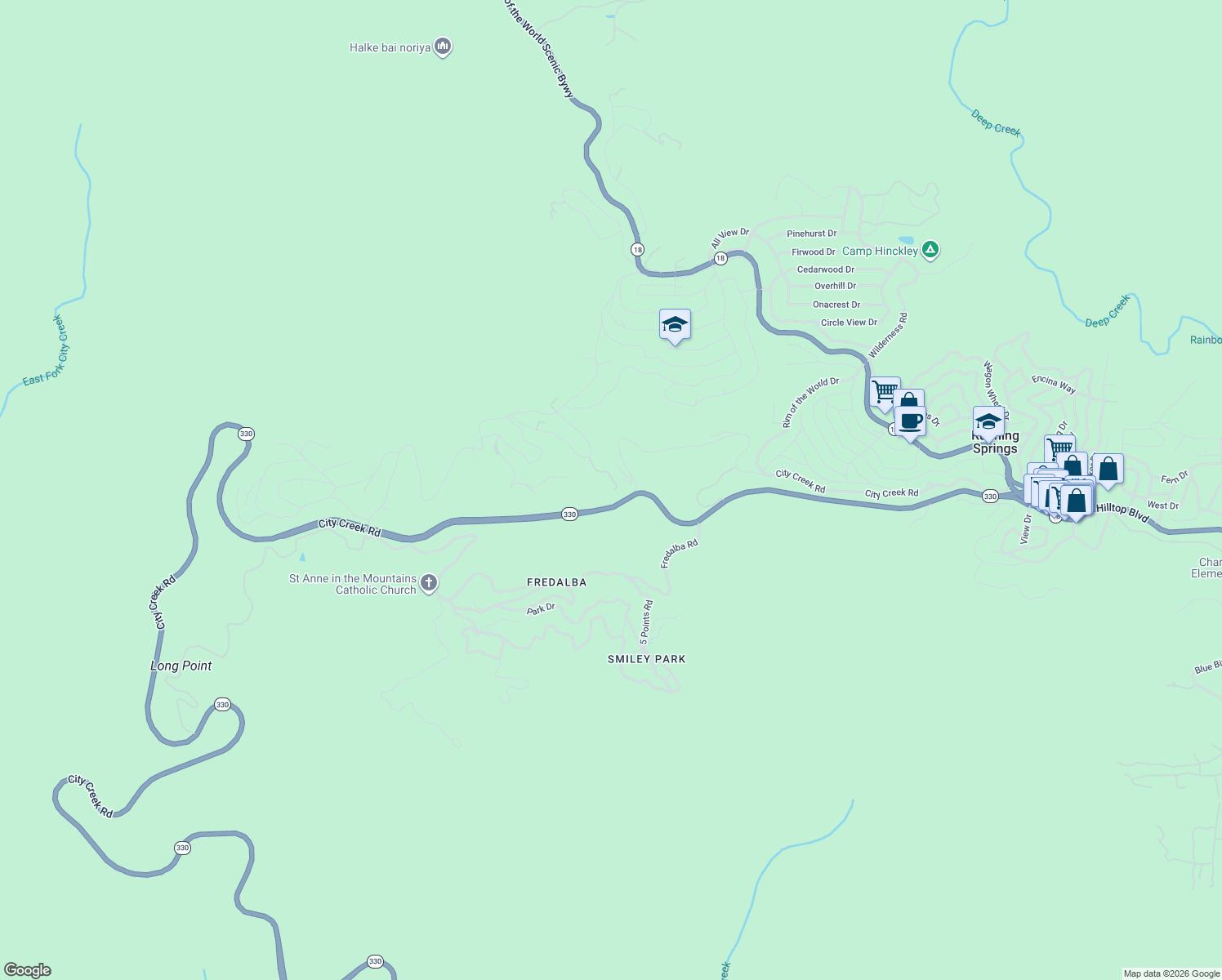 map of restaurants, bars, coffee shops, grocery stores, and more near 30757 Knoll View Drive in Running Springs