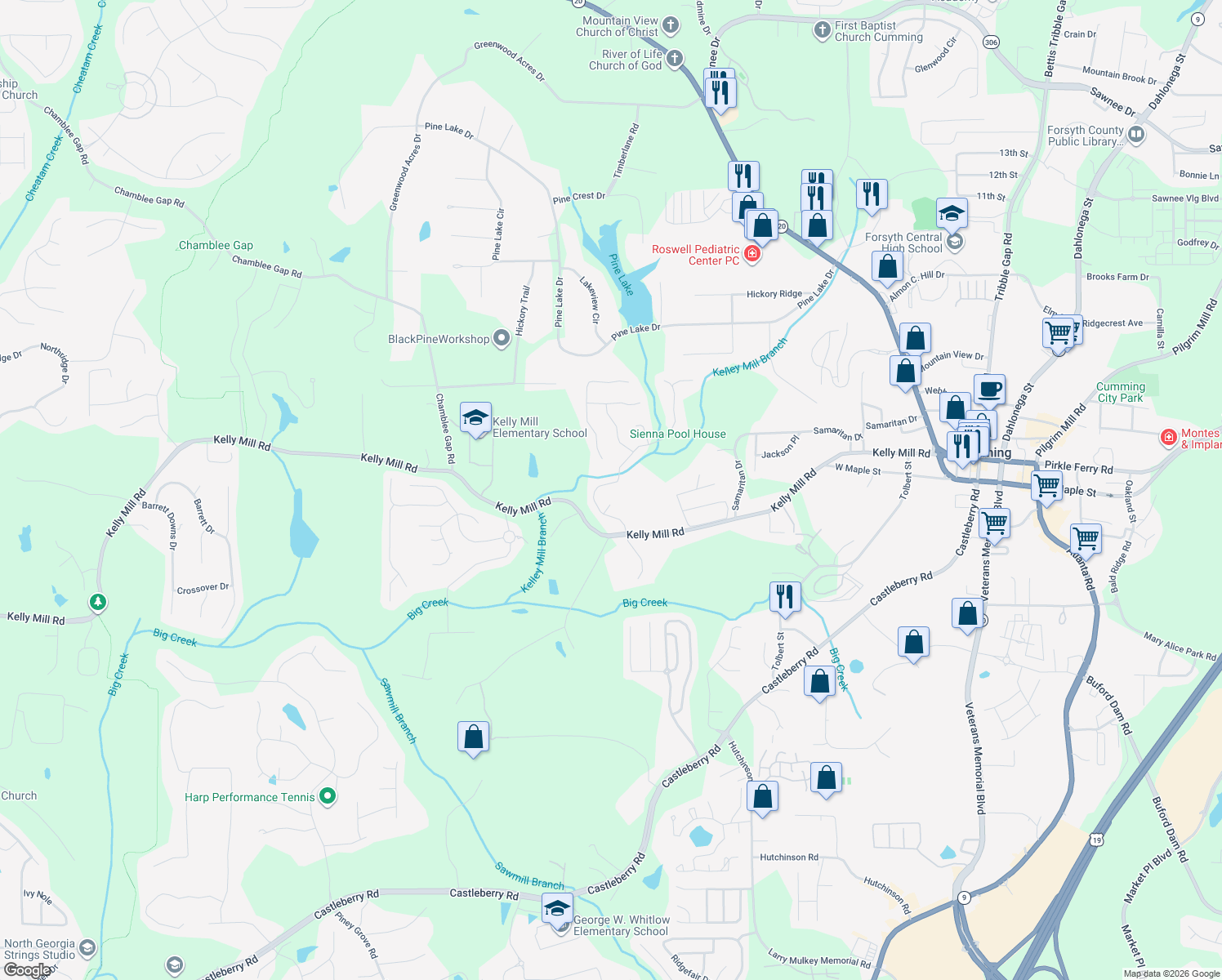 map of restaurants, bars, coffee shops, grocery stores, and more near 720 Sienna Drive in Cumming