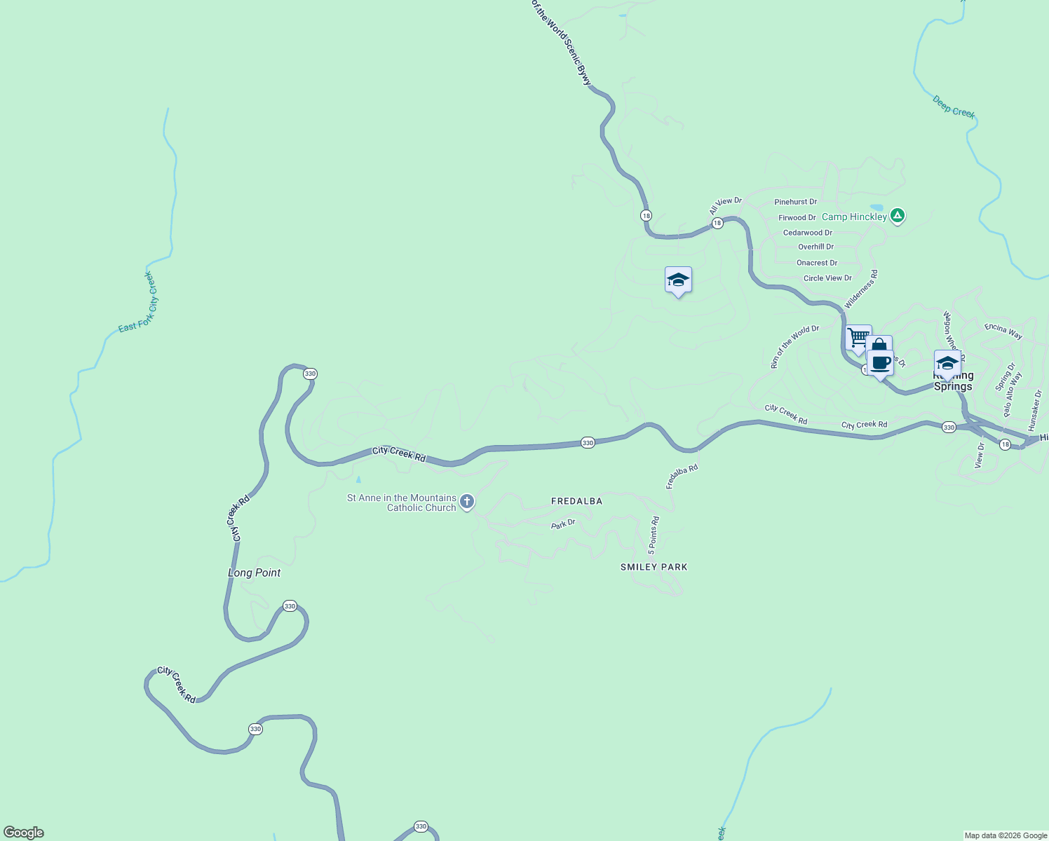 map of restaurants, bars, coffee shops, grocery stores, and more near 30639 Ferndale Drive in Running Springs