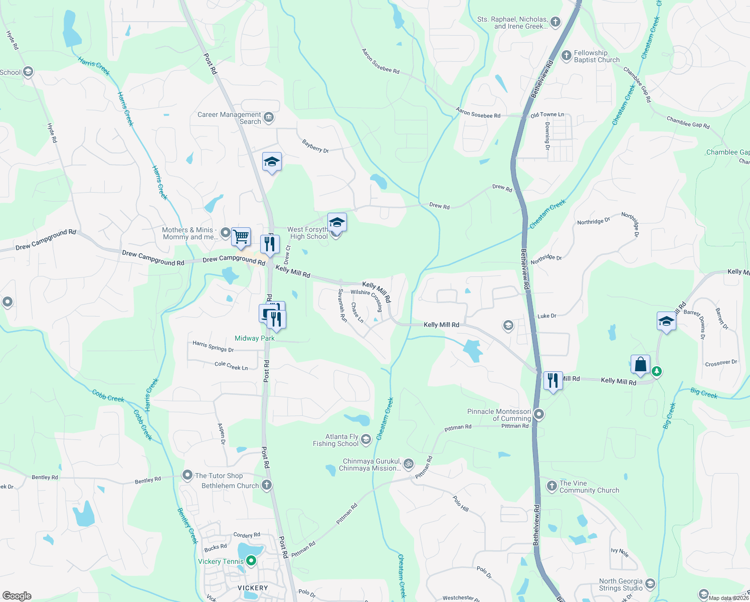 map of restaurants, bars, coffee shops, grocery stores, and more near 4885 Wilshire Crossing in Cumming