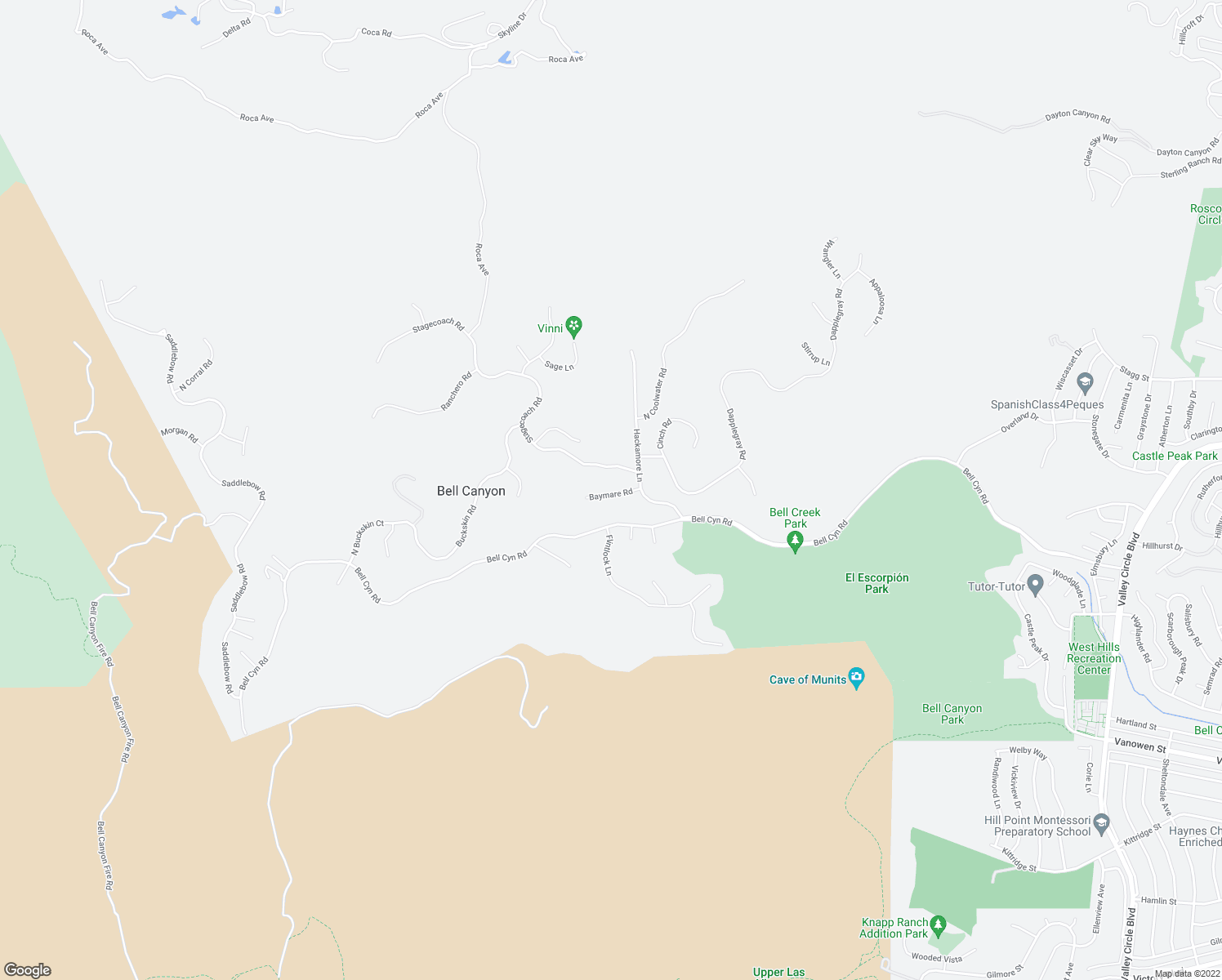map of restaurants, bars, coffee shops, grocery stores, and more near 14 Baymare Road in Bell Canyon