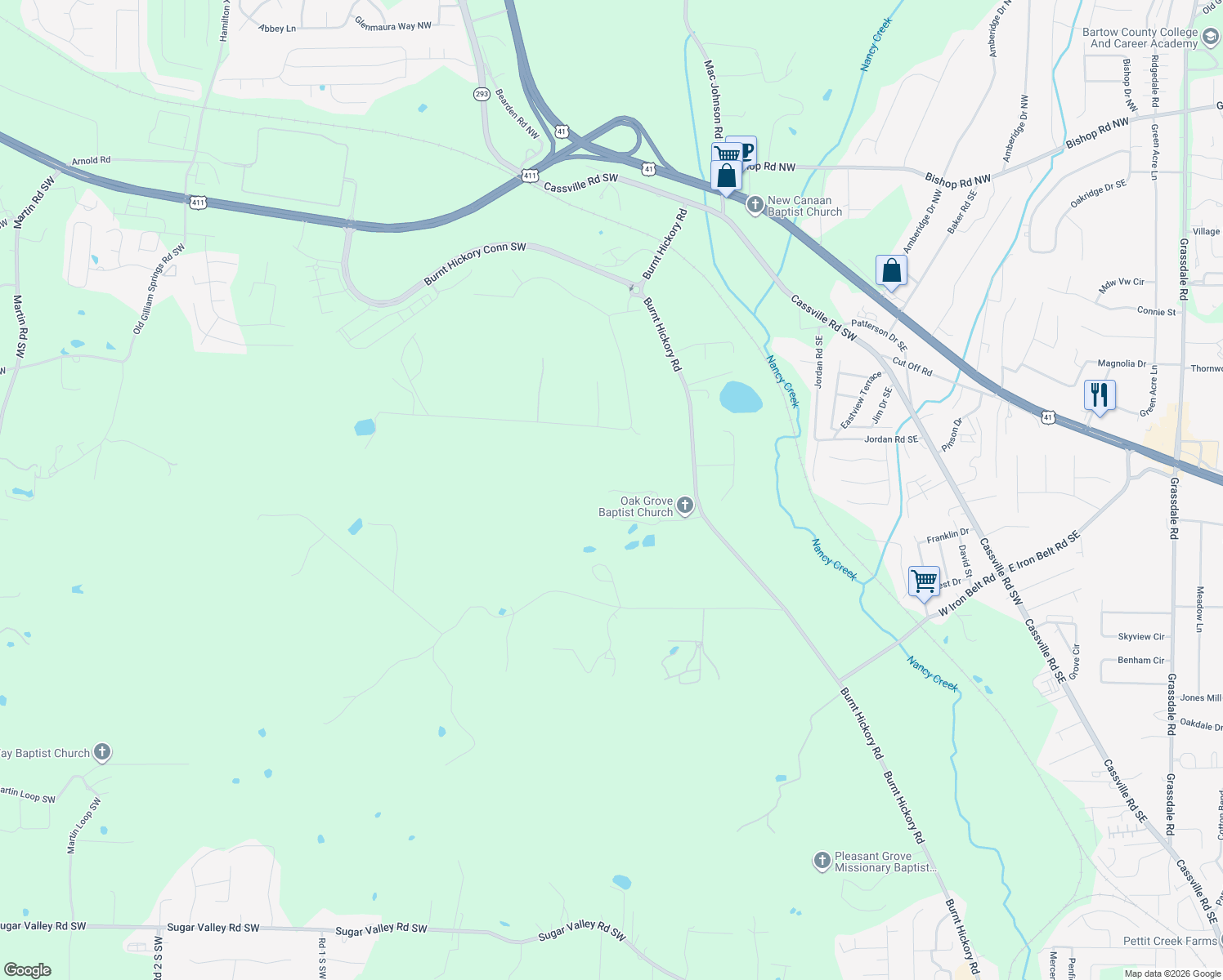 map of restaurants, bars, coffee shops, grocery stores, and more near 45 Canty Road Southwest in Cartersville