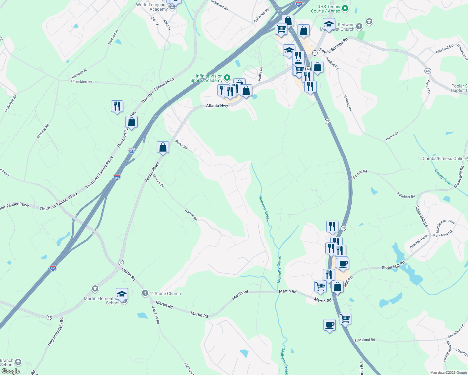 map of restaurants, bars, coffee shops, grocery stores, and more near 4028 Parks Road in Flowery Branch