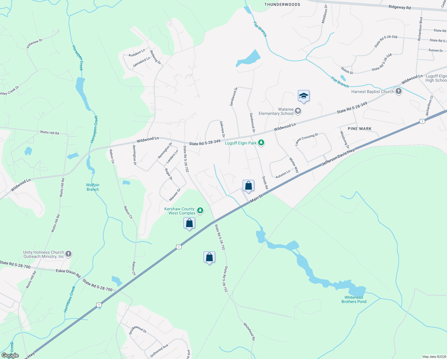 map of restaurants, bars, coffee shops, grocery stores, and more near 25 Training Track Drive in Lugoff