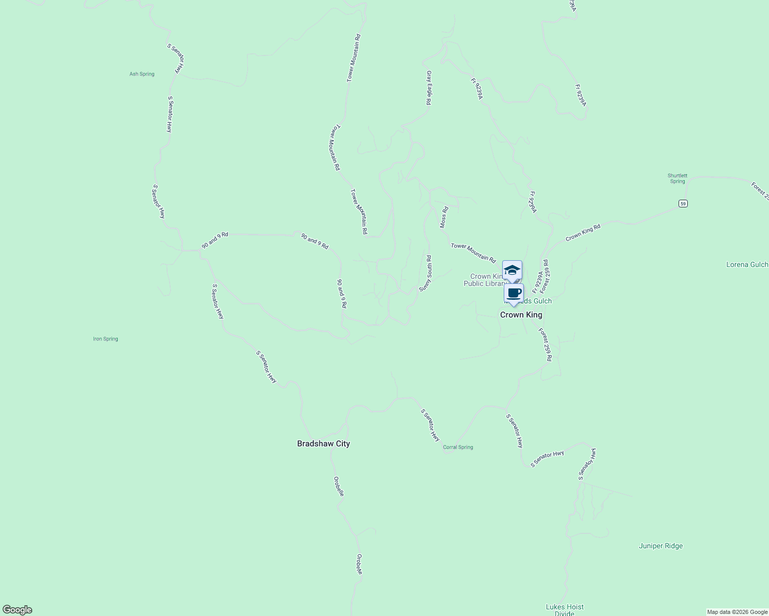 map of restaurants, bars, coffee shops, grocery stores, and more near 23637 Malnetta Road in Crown King