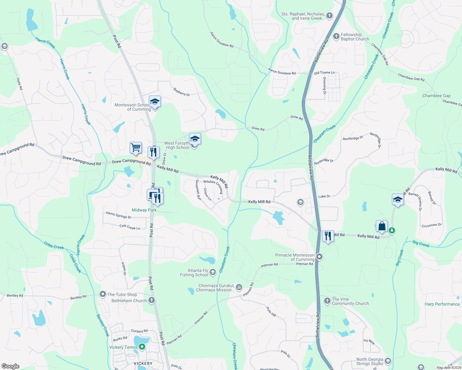 map of restaurants, bars, coffee shops, grocery stores, and more near 4855 Bantry Way in Cumming
