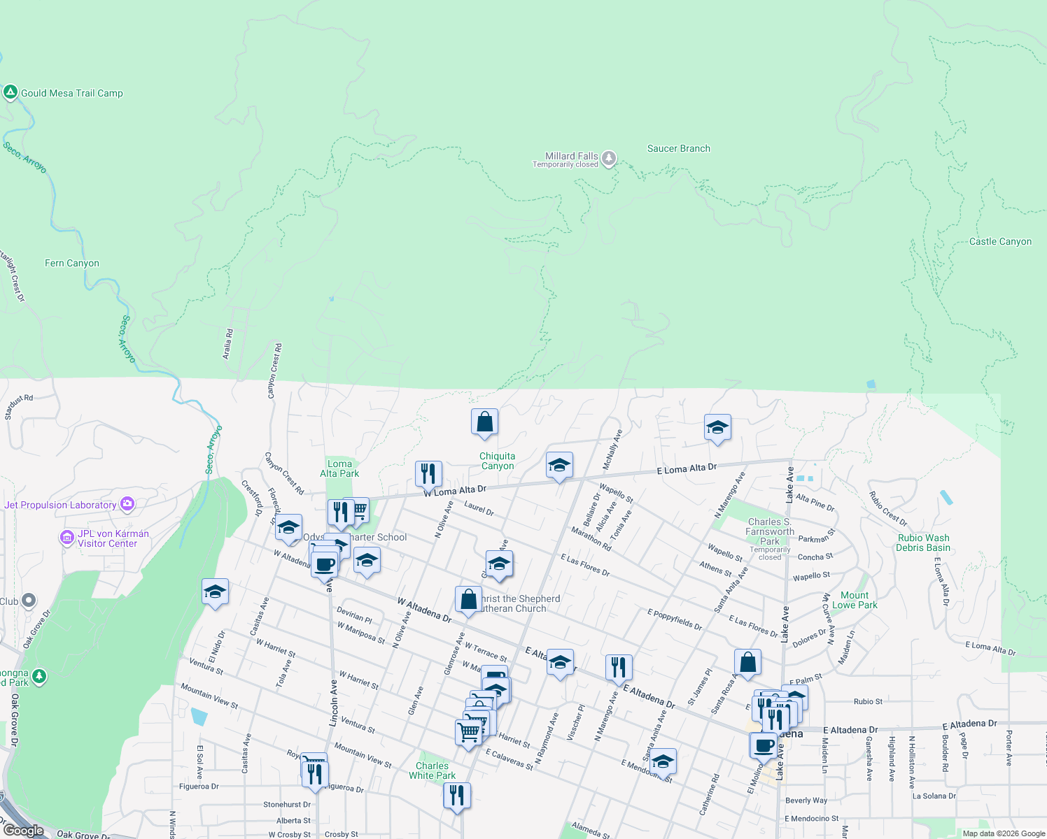 map of restaurants, bars, coffee shops, grocery stores, and more near 3736 Alzada Road in Altadena