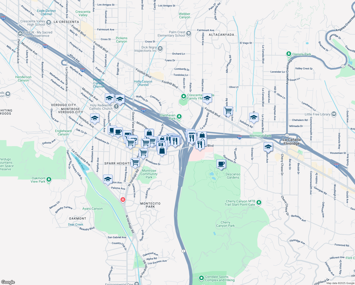 map of restaurants, bars, coffee shops, grocery stores, and more near 1932 Hilldale Drive in La Cañada Flintridge