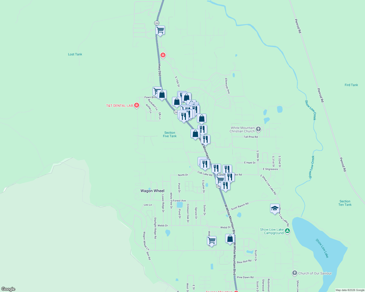 map of restaurants, bars, coffee shops, grocery stores, and more near 4780 Siesta Ln in Show Low