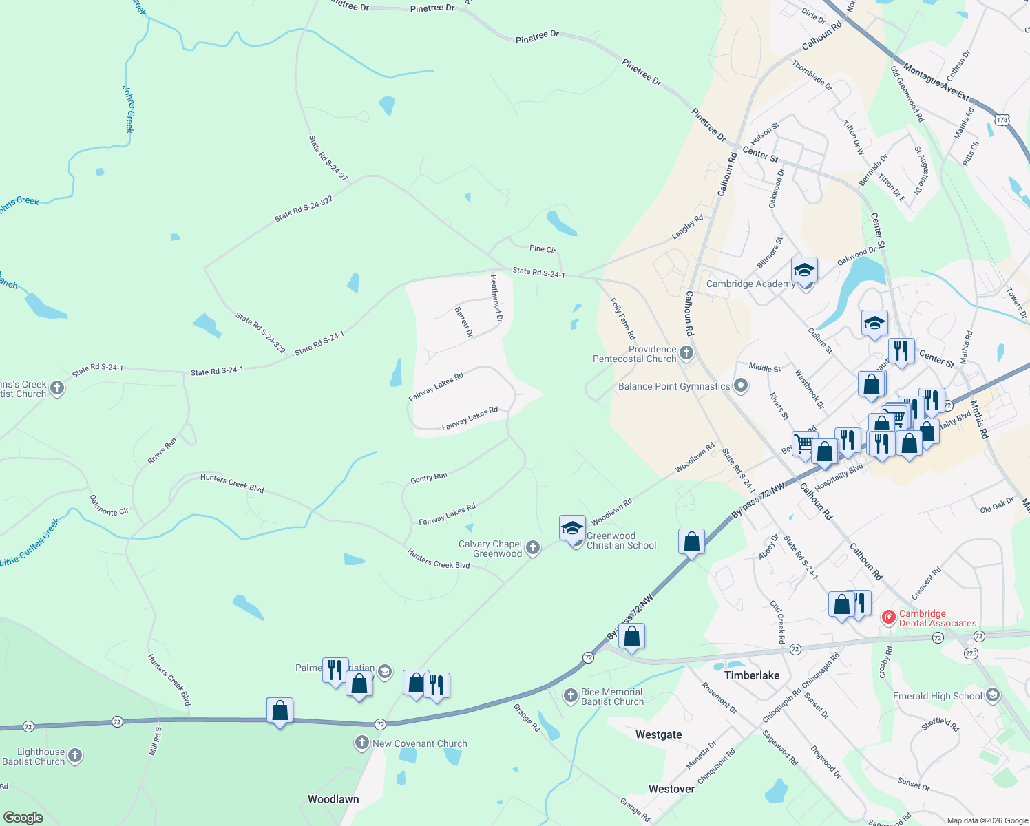 map of restaurants, bars, coffee shops, grocery stores, and more near 502 Fairway Lakes Road in Greenwood