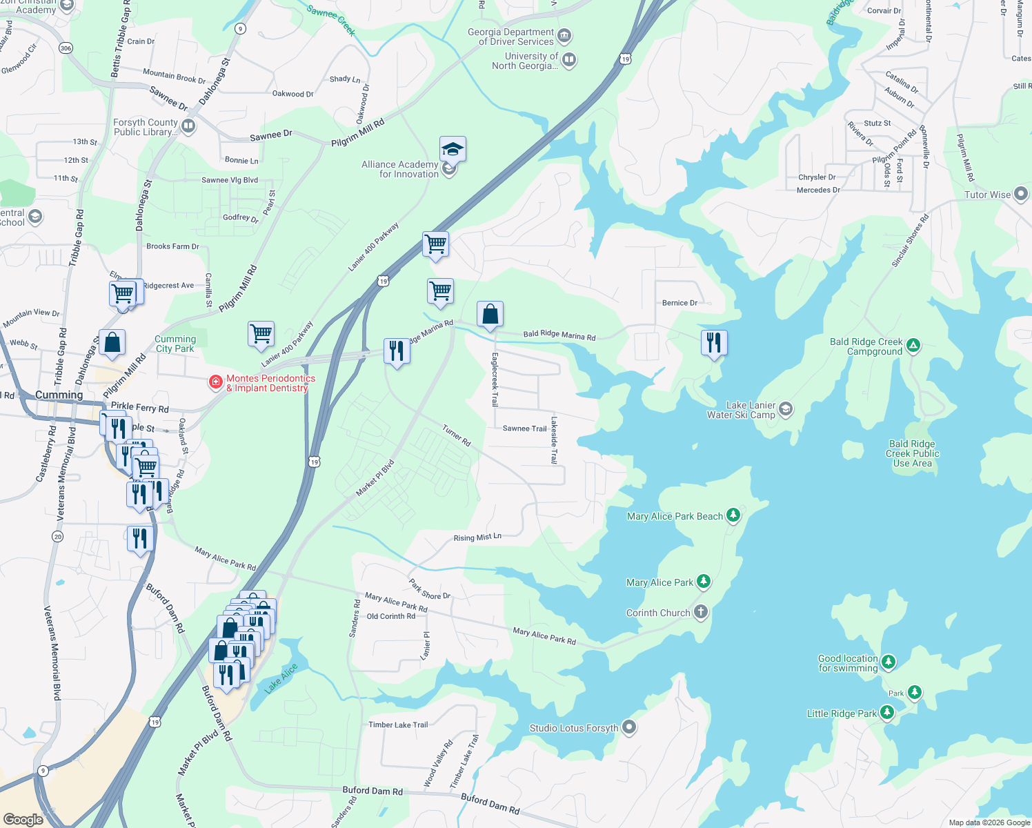 map of restaurants, bars, coffee shops, grocery stores, and more near 1760 Falcon Creek Trail in Cumming