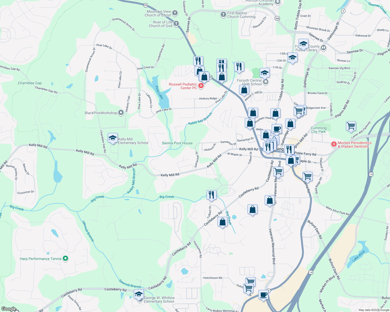 map of restaurants, bars, coffee shops, grocery stores, and more near 529 Samaritan Dr in Cumming