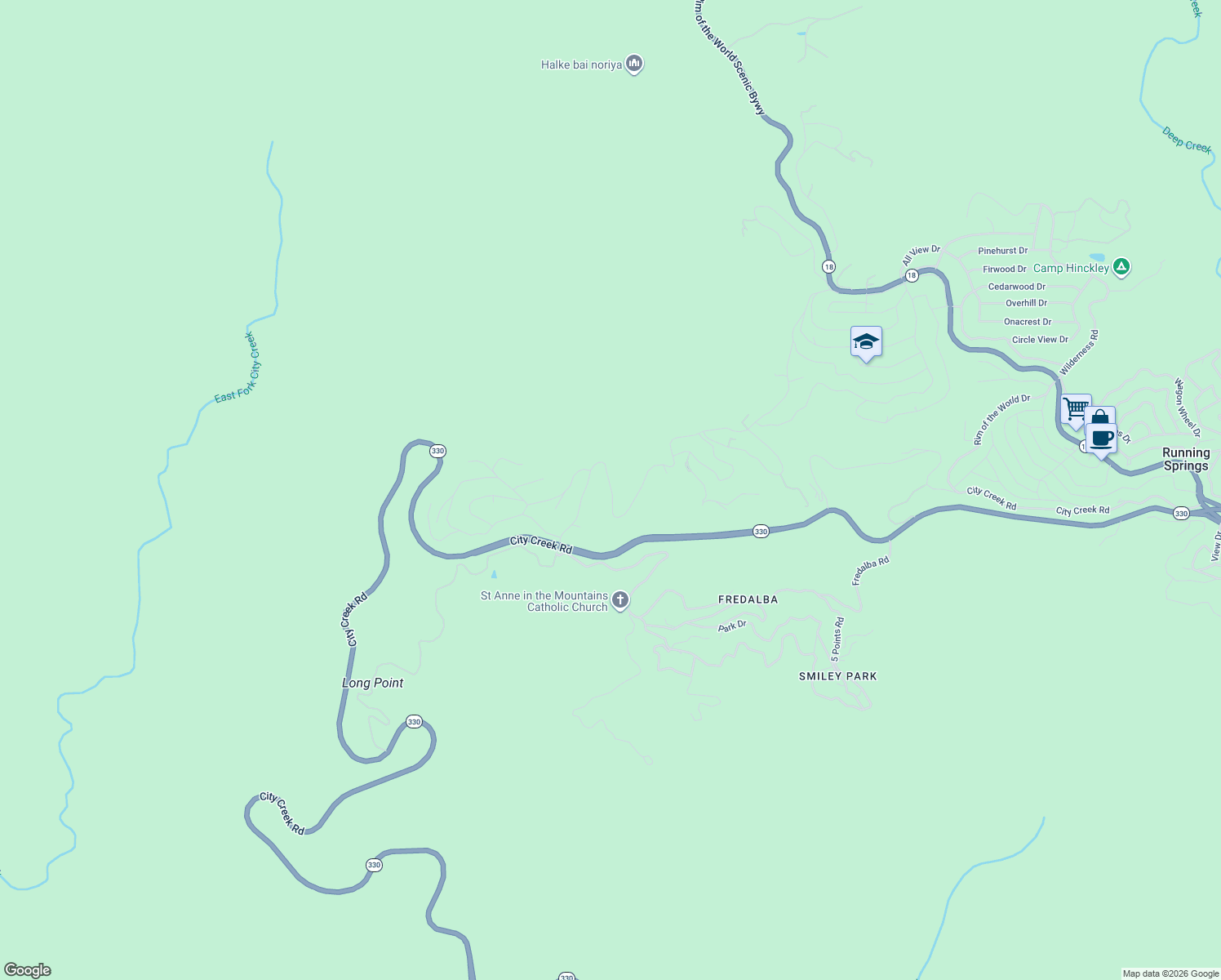 map of restaurants, bars, coffee shops, grocery stores, and more near 30460 Live Oak Drive in Running Springs