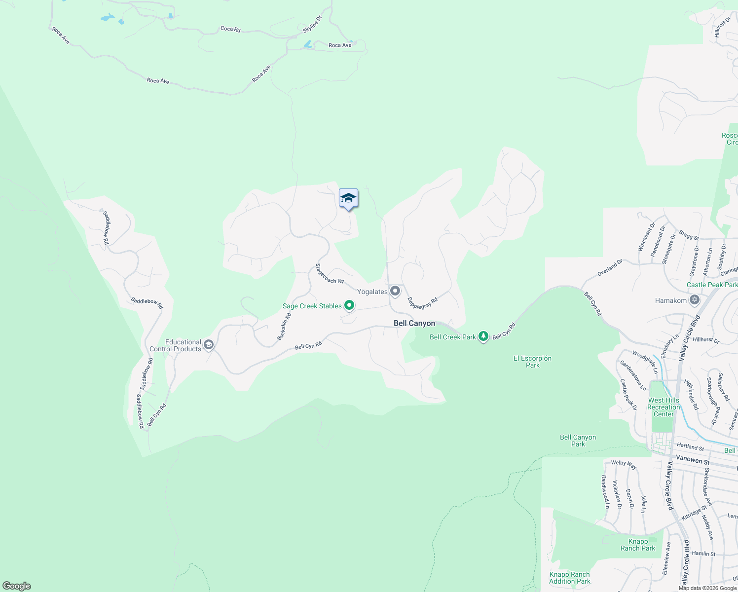 map of restaurants, bars, coffee shops, grocery stores, and more near 14 Baymare Road in Bell Canyon