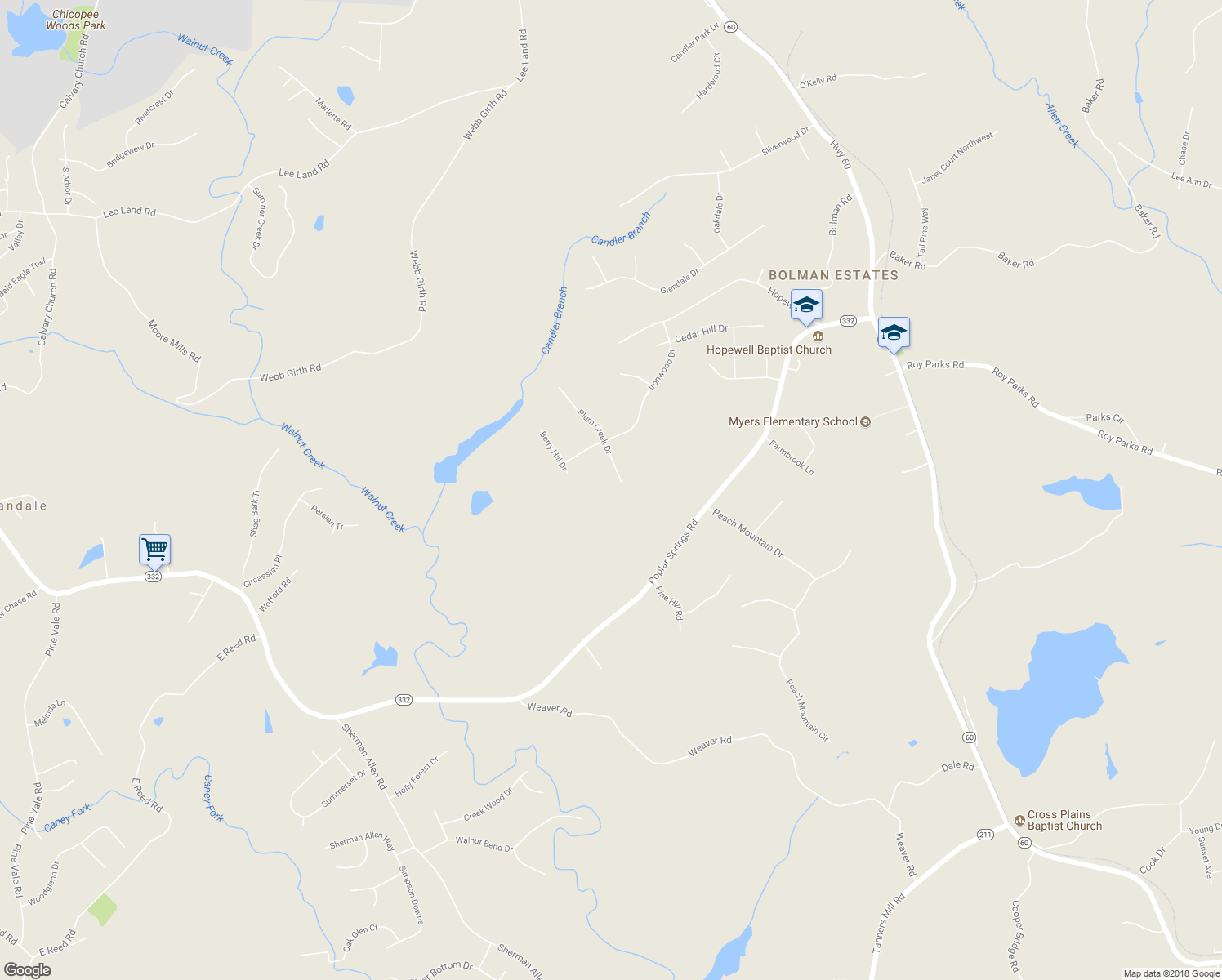 map of restaurants, bars, coffee shops, grocery stores, and more near 7280 Plum Creek Drive in Gainesville