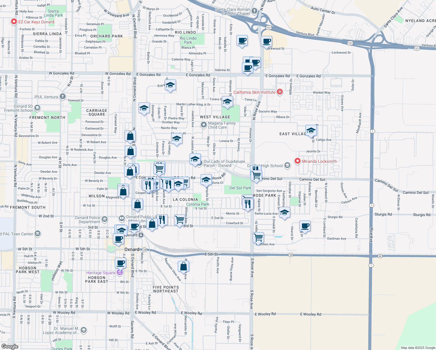 map of restaurants, bars, coffee shops, grocery stores, and more near 515 Higuera Dr in Oxnard