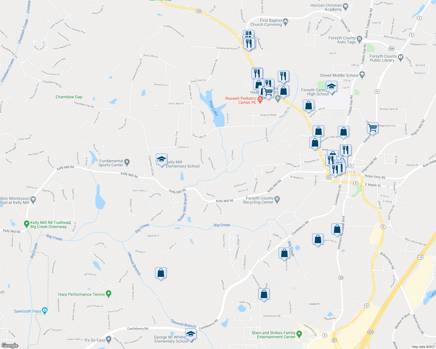 map of restaurants, bars, coffee shops, grocery stores, and more near 790 Sienna Drive in Cumming