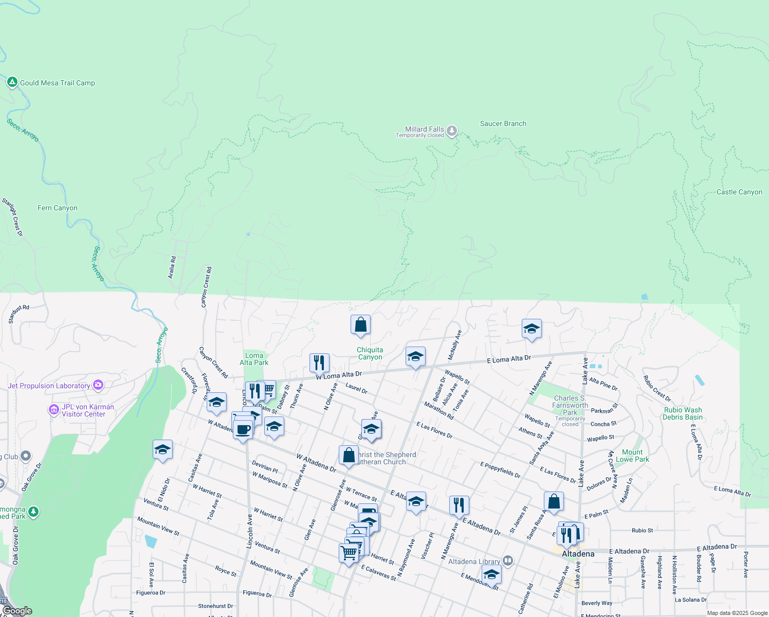 map of restaurants, bars, coffee shops, grocery stores, and more near 3696 Chaney Trail in Altadena