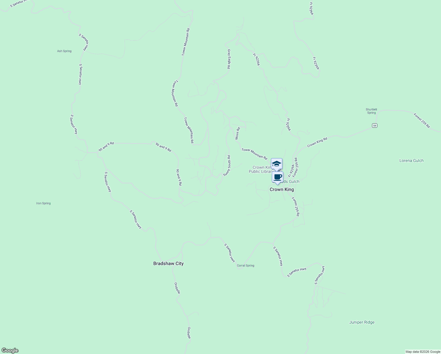 map of restaurants, bars, coffee shops, grocery stores, and more near 23576 Sunny South Road in Crown King