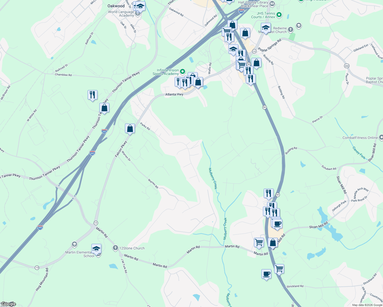 map of restaurants, bars, coffee shops, grocery stores, and more near 4011 Parks Rd in Flowery Branch