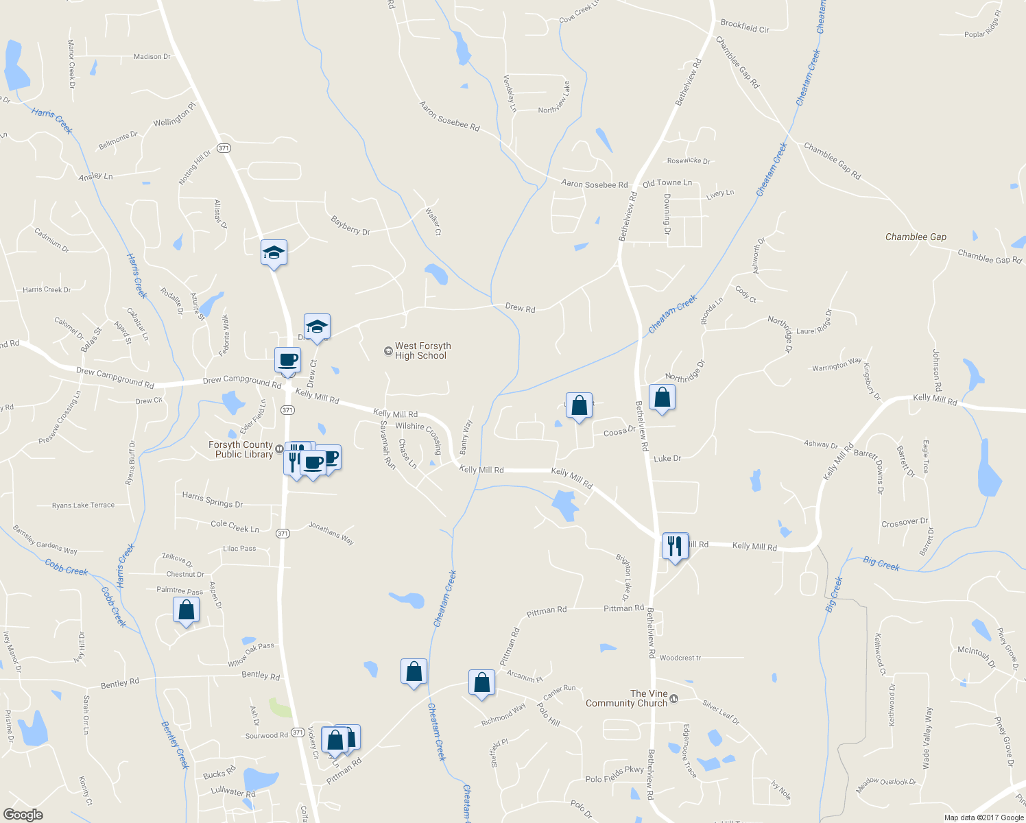 map of restaurants, bars, coffee shops, grocery stores, and more near 4860 Westgate Drive in Cumming