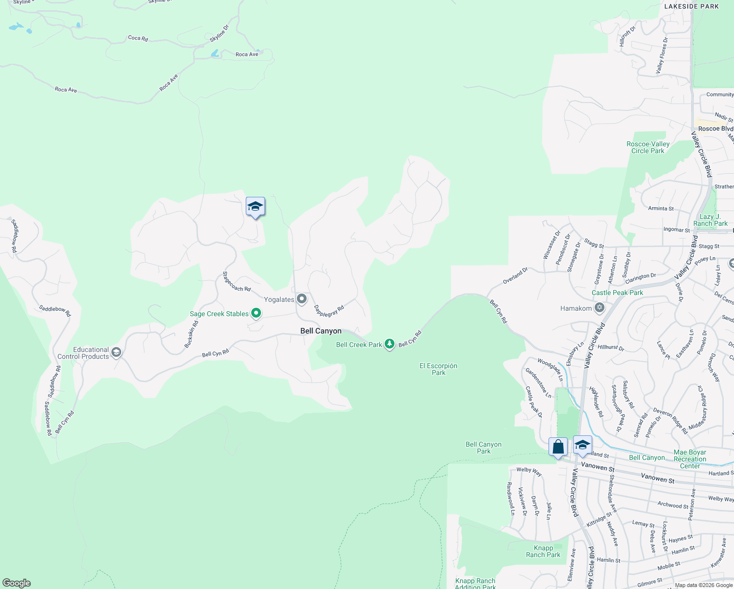 map of restaurants, bars, coffee shops, grocery stores, and more near 46 Dapplegray Road in Bell Canyon