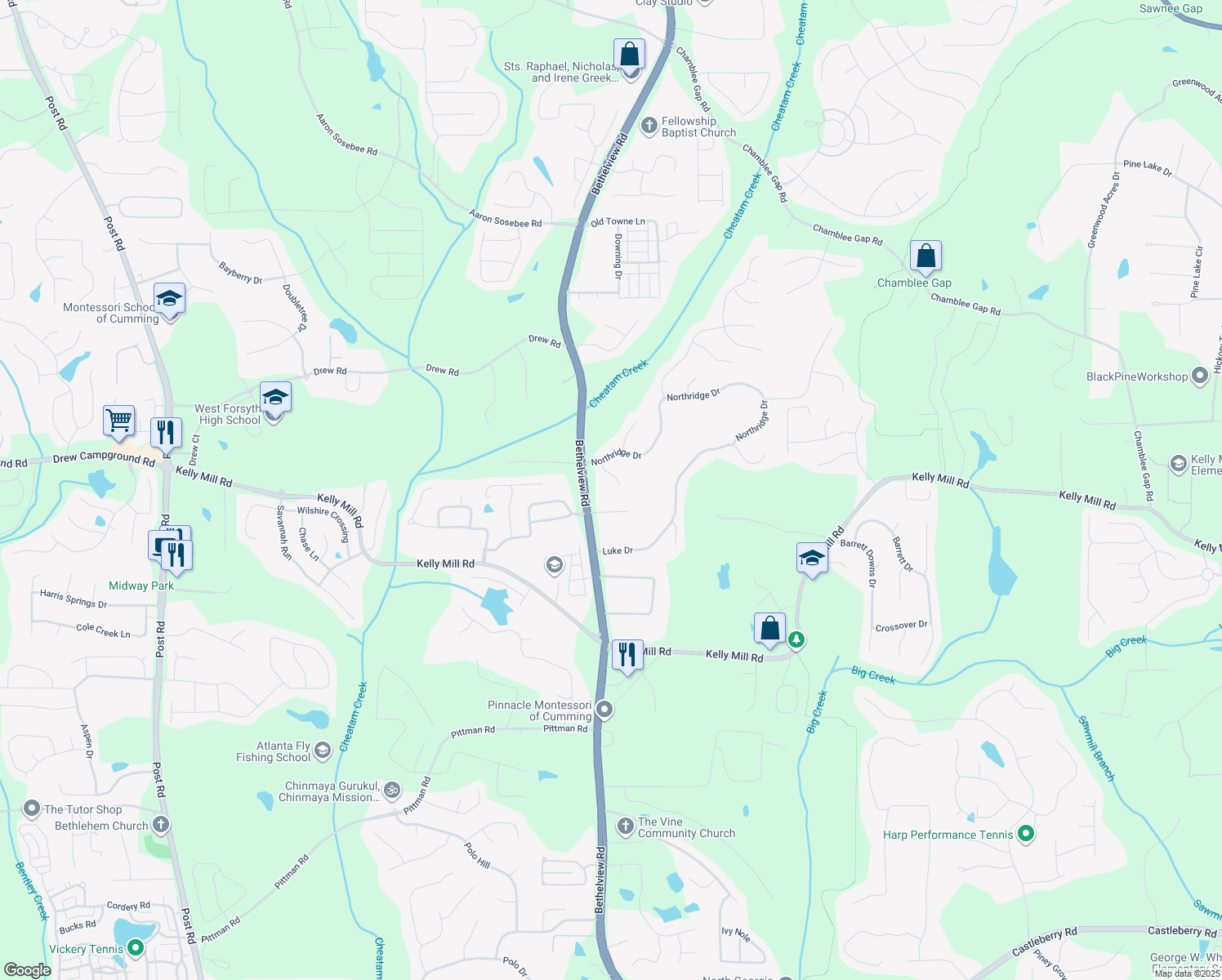 map of restaurants, bars, coffee shops, grocery stores, and more near 3940 Miles Way in Cumming