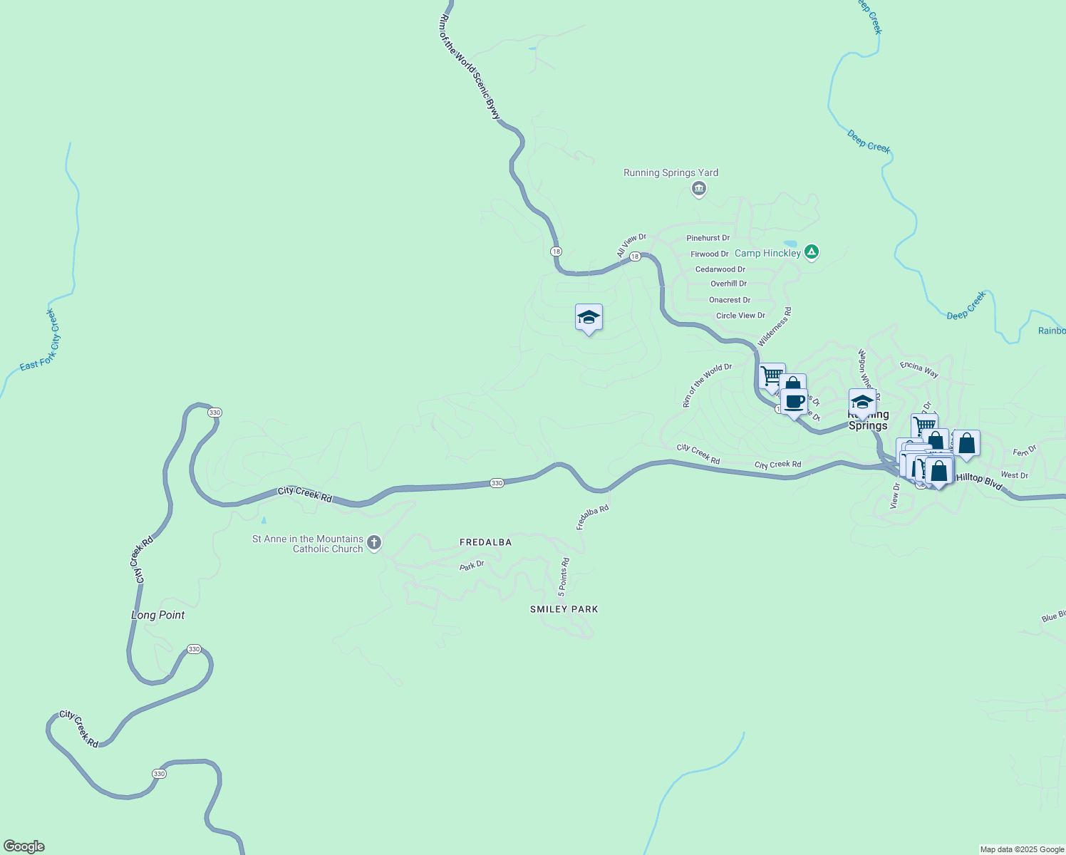 map of restaurants, bars, coffee shops, grocery stores, and more near 30934 Old City Creek Road in Running Springs