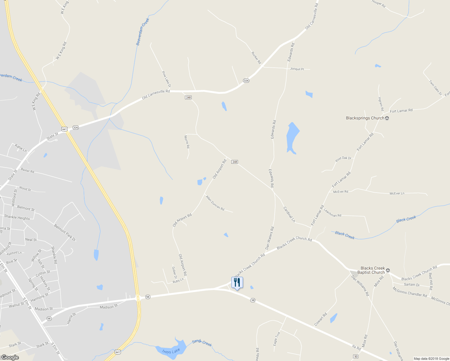 map of restaurants, bars, coffee shops, grocery stores, and more near 1108 Old Airport Road in Commerce