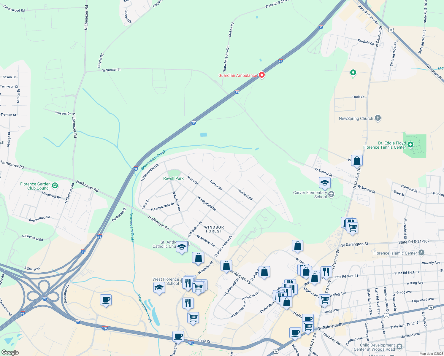 map of restaurants, bars, coffee shops, grocery stores, and more near 2566 Rainford Road in Florence