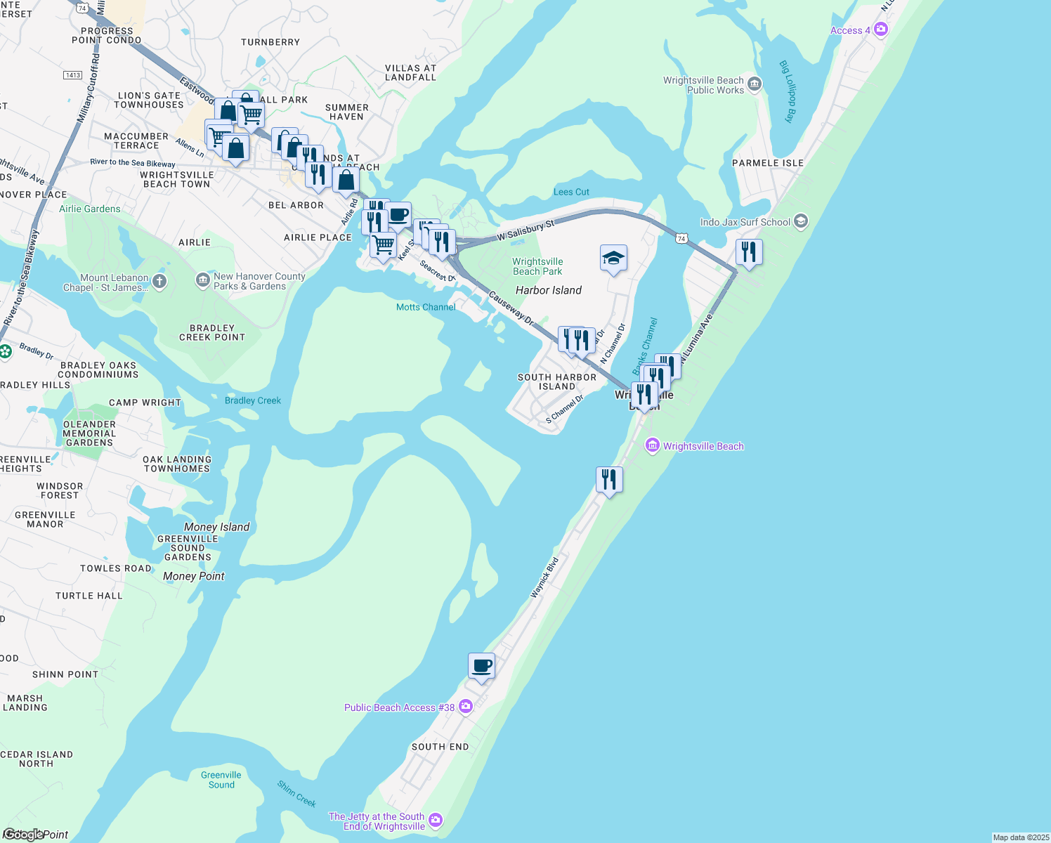 map of restaurants, bars, coffee shops, grocery stores, and more near 28 Shore Dr in Wrightsville Beach