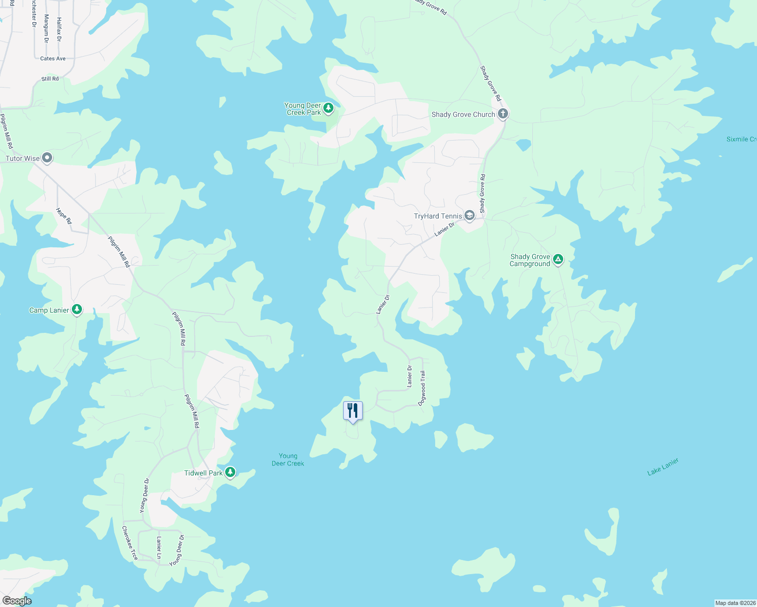 map of restaurants, bars, coffee shops, grocery stores, and more near 7730 Lanier Drive in Cumming