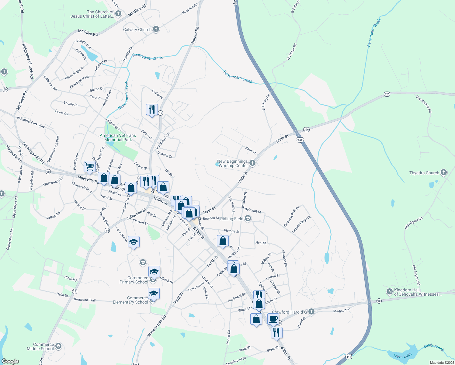map of restaurants, bars, coffee shops, grocery stores, and more near 68 Baugh Street in Commerce