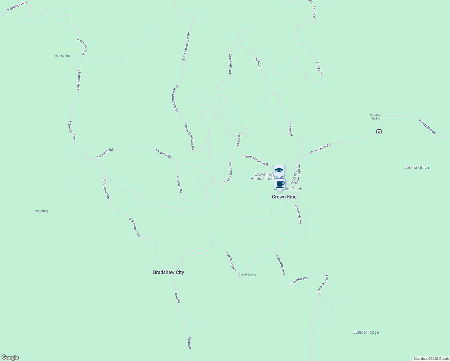 map of restaurants, bars, coffee shops, grocery stores, and more near 23576 Sunny South Road in Crown King
