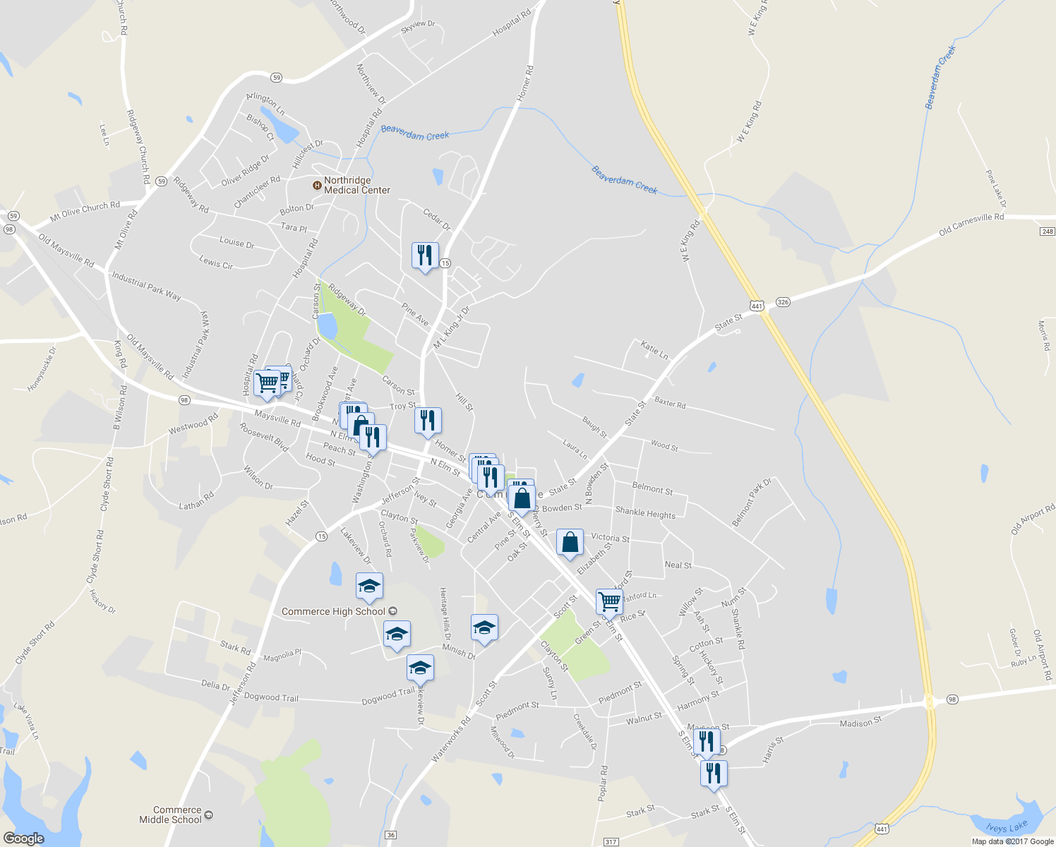 map of restaurants, bars, coffee shops, grocery stores, and more near 136 Wesley Way in Commerce