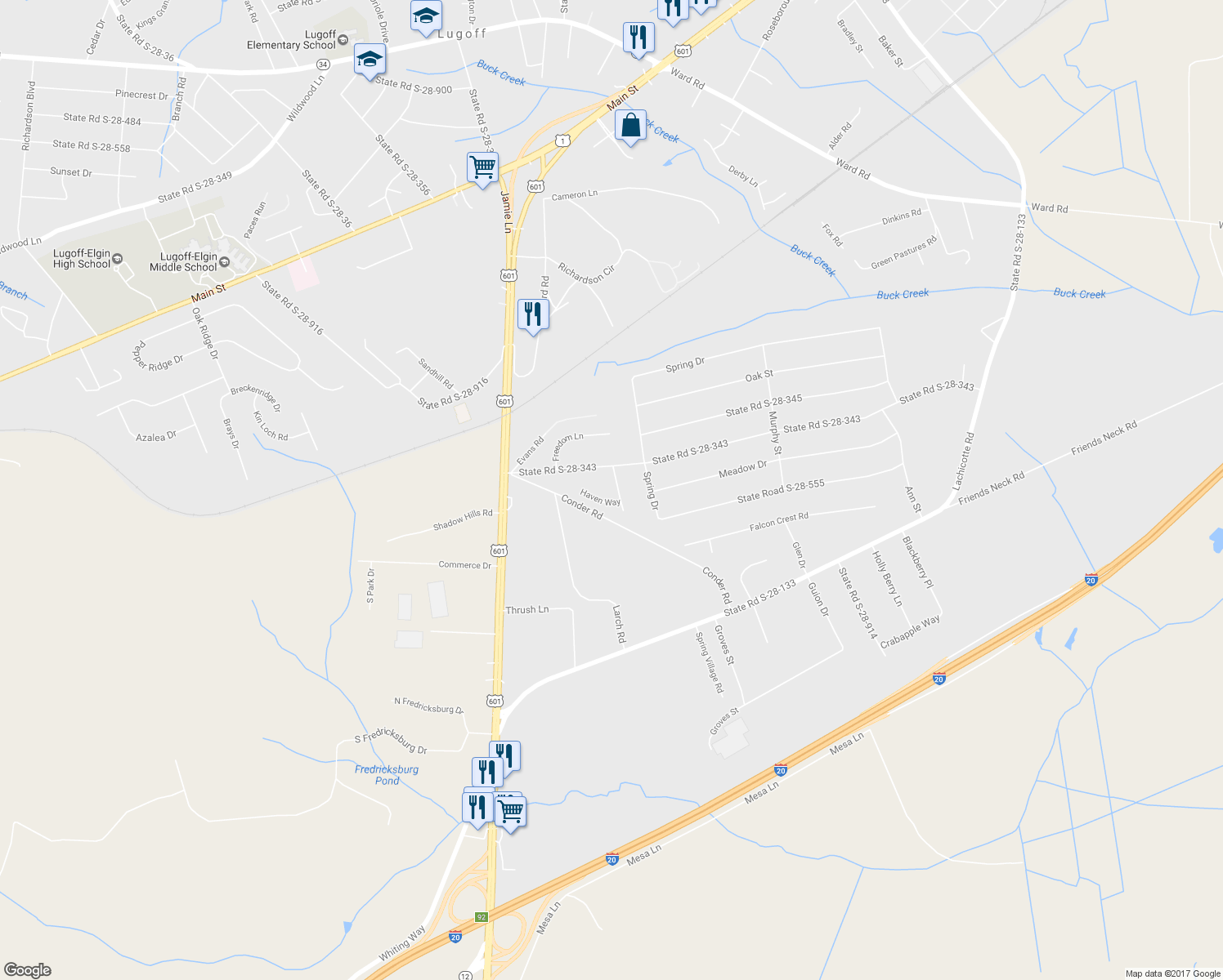 map of restaurants, bars, coffee shops, grocery stores, and more near 13 Glad Tidings Road in Lugoff