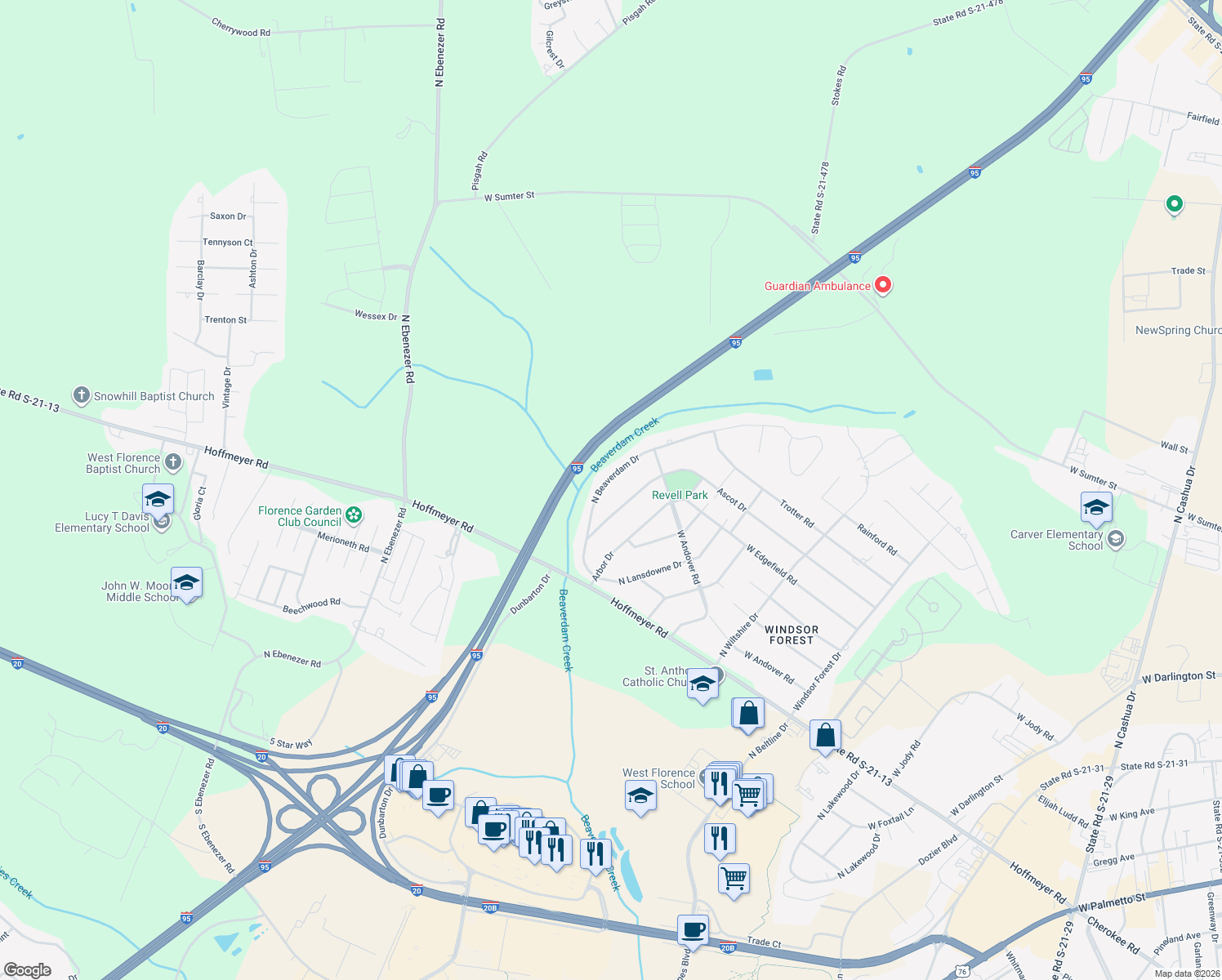map of restaurants, bars, coffee shops, grocery stores, and more near 630 N Beaverdam Dr in Florence