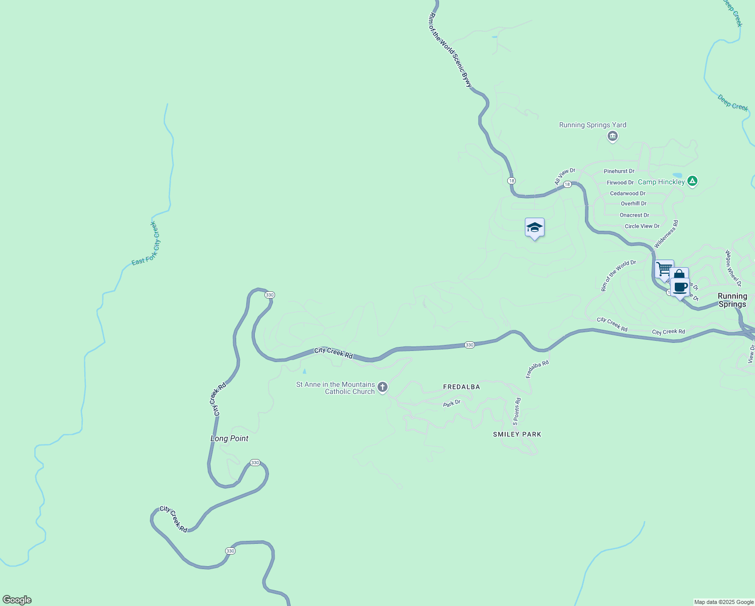 map of restaurants, bars, coffee shops, grocery stores, and more near 30416 Live Oak Drive in Running Springs