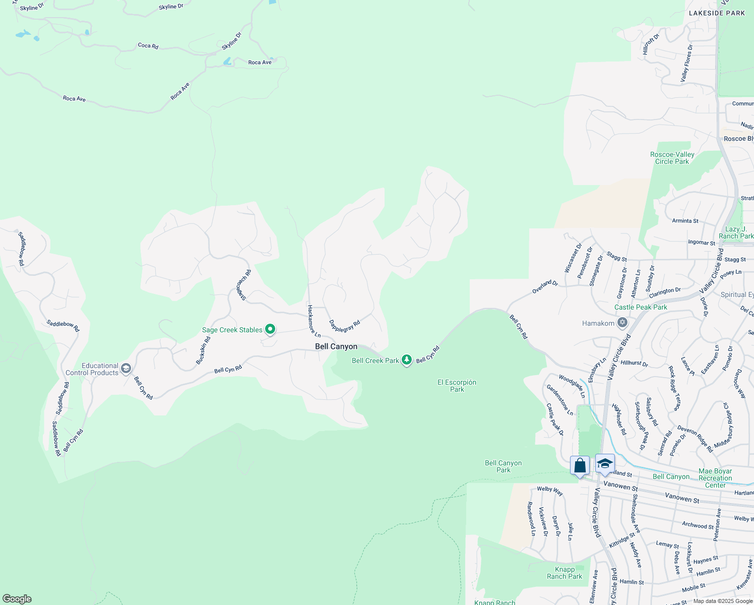map of restaurants, bars, coffee shops, grocery stores, and more near 46 Dapplegray Road in Bell Canyon