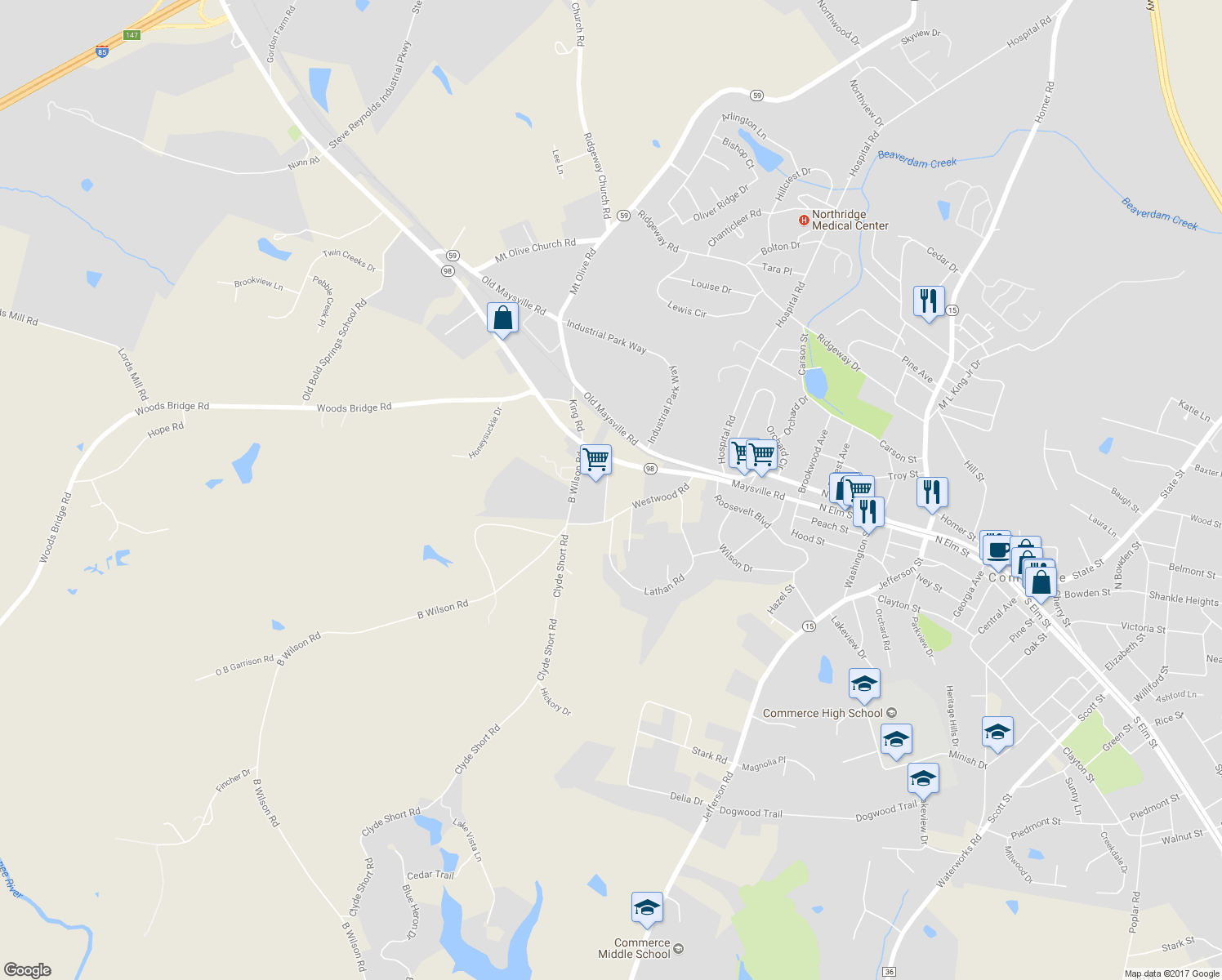 map of restaurants, bars, coffee shops, grocery stores, and more near 95 Westview Road in Commerce