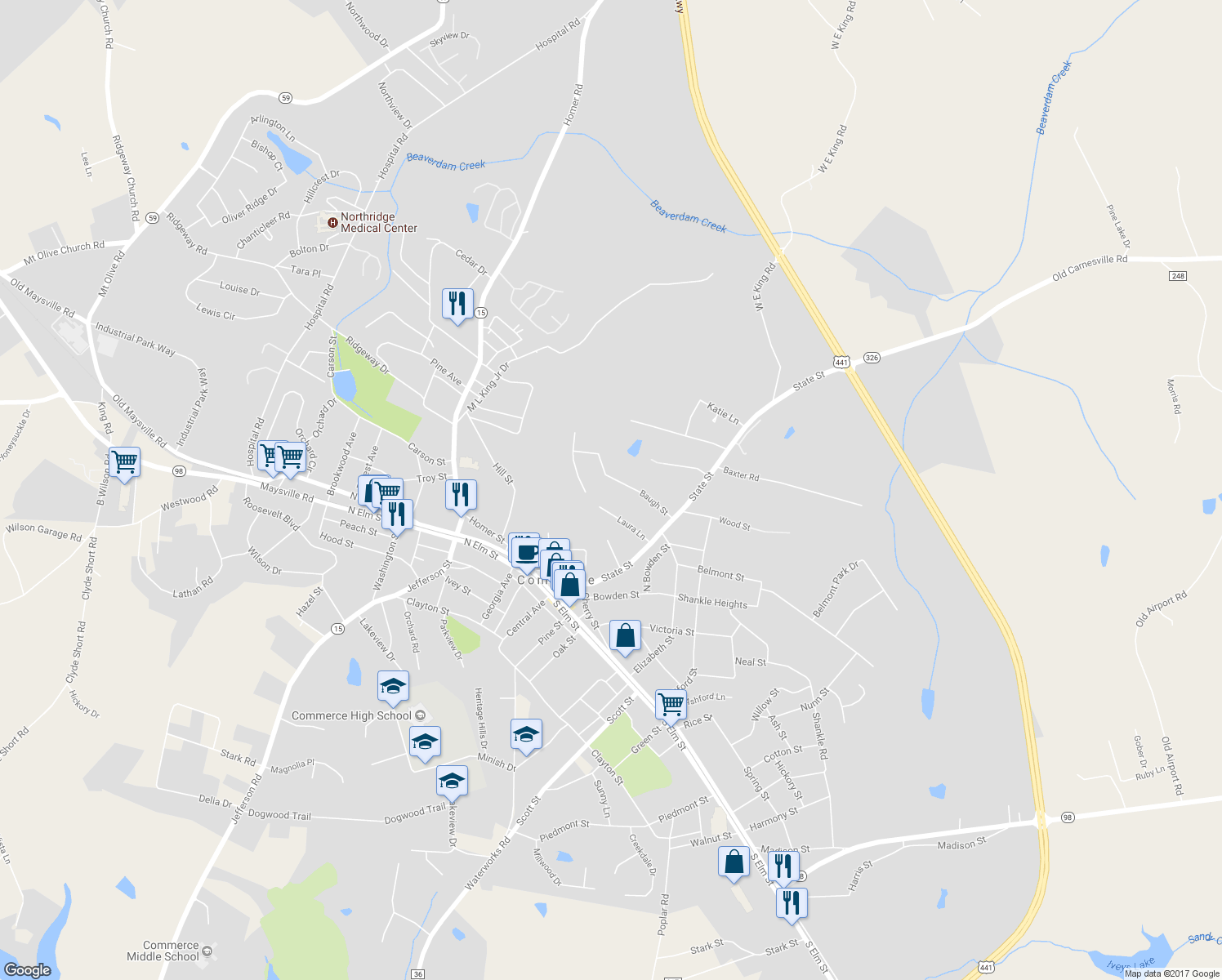 map of restaurants, bars, coffee shops, grocery stores, and more near 203 Baugh Street in Commerce