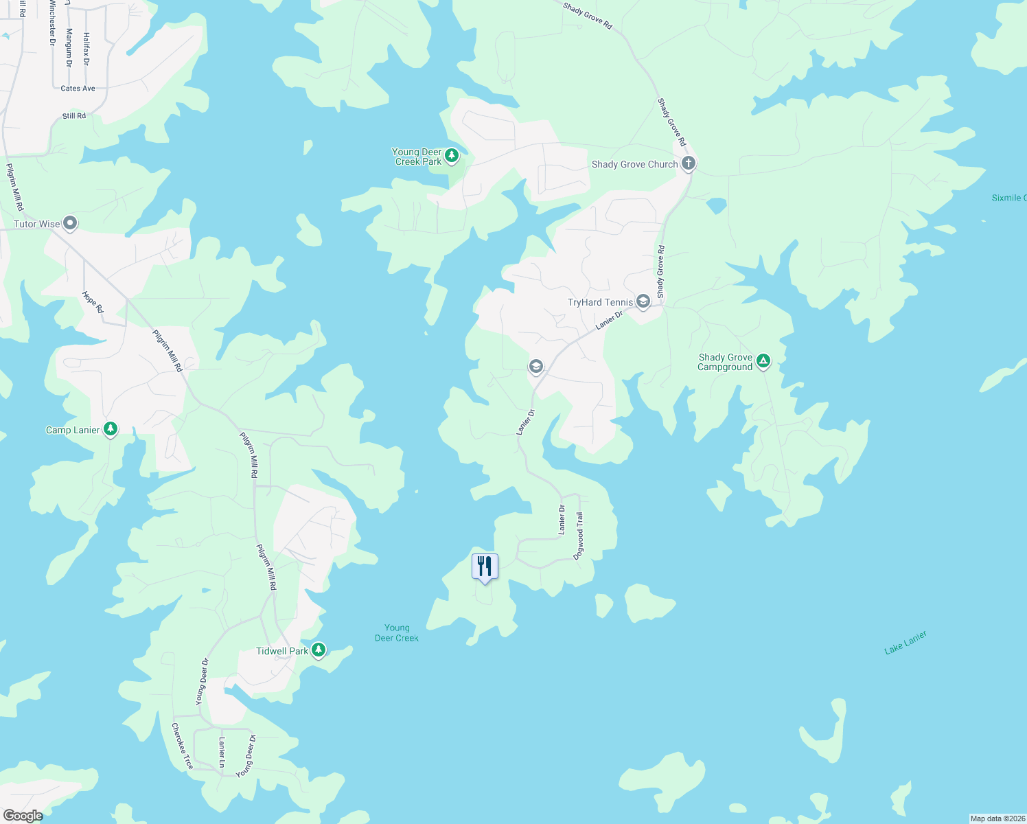 map of restaurants, bars, coffee shops, grocery stores, and more near 7730 Lanier Drive in Cumming