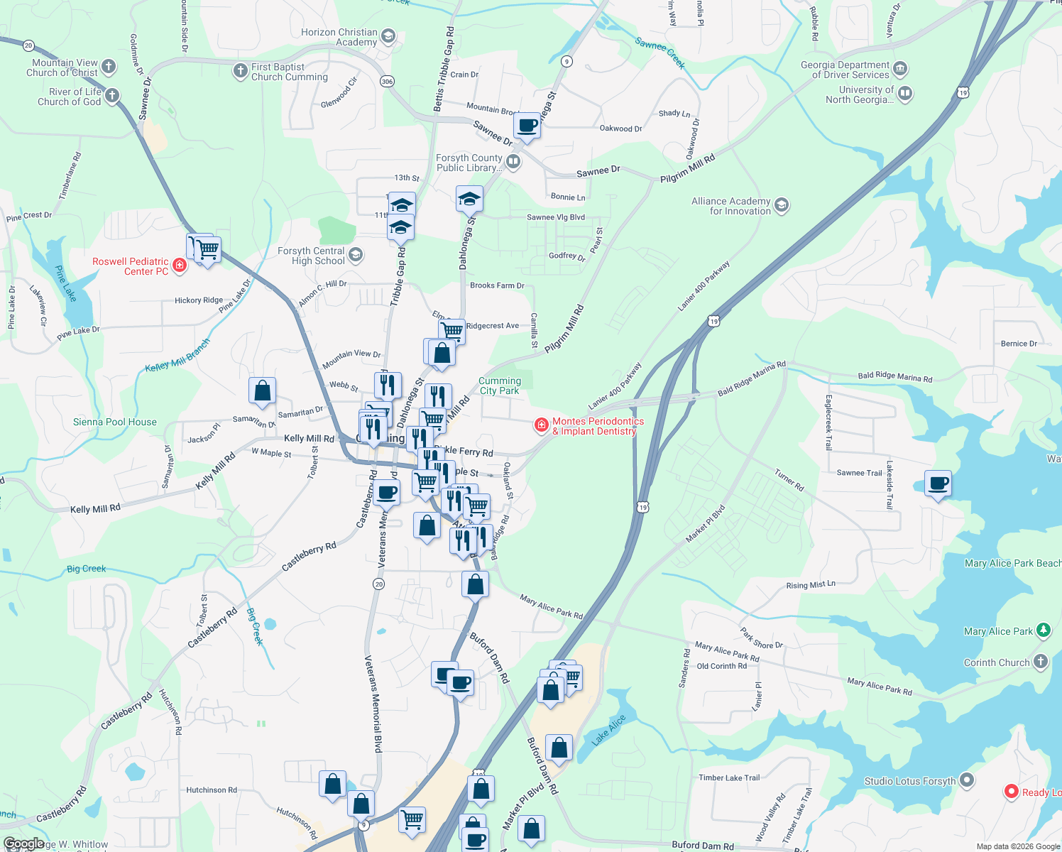 map of restaurants, bars, coffee shops, grocery stores, and more near 213 Denson Dr in Cumming