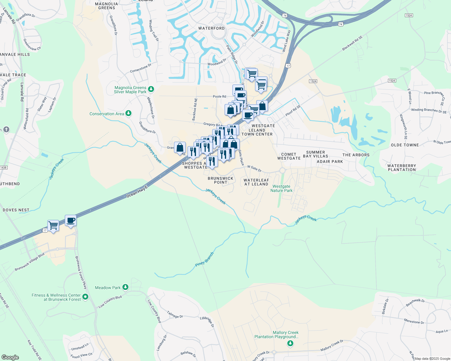 map of restaurants, bars, coffee shops, grocery stores, and more near 1001 Hunterstone Drive in Leland