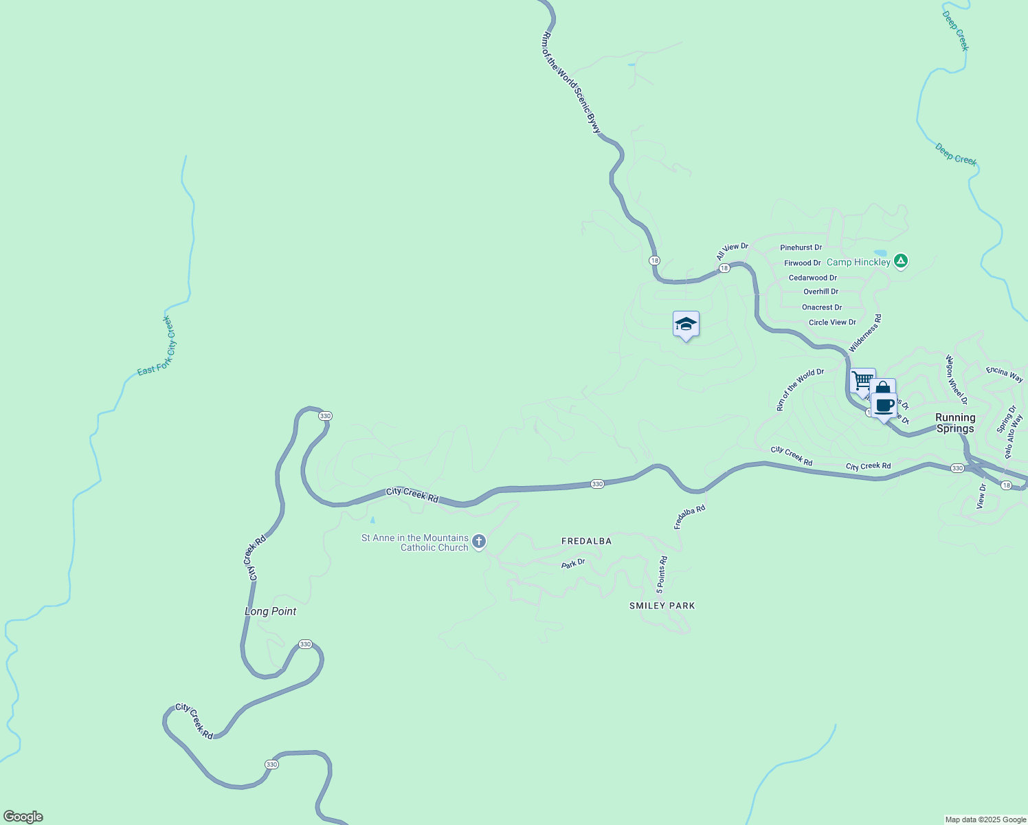 map of restaurants, bars, coffee shops, grocery stores, and more near 30580 Live Oak Drive in Running Springs